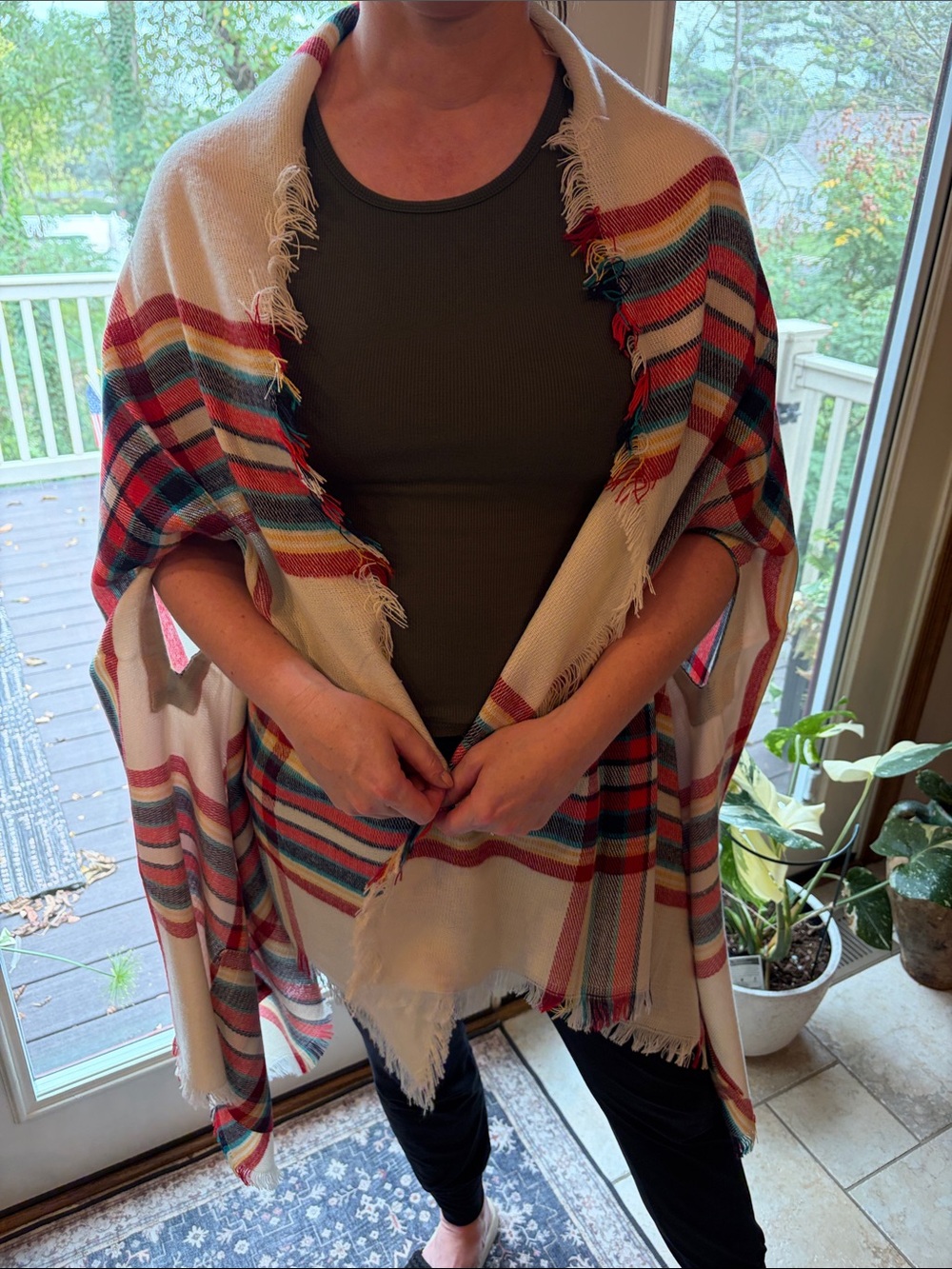 Cream Plaid Fringe Throw Shawl - Multi-Color